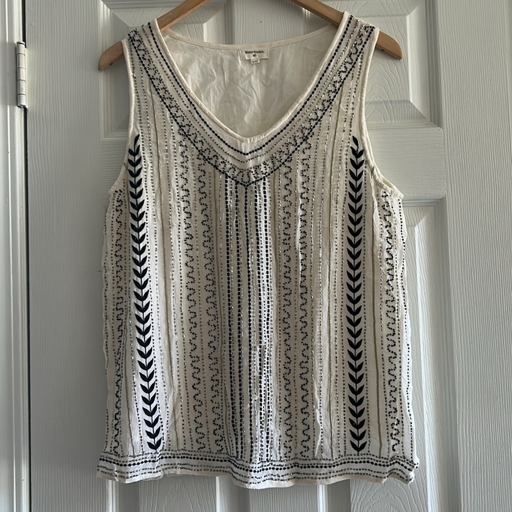 Vintage World Market Tank Top With A V-Neck Adorned With Black & Silver Beaded